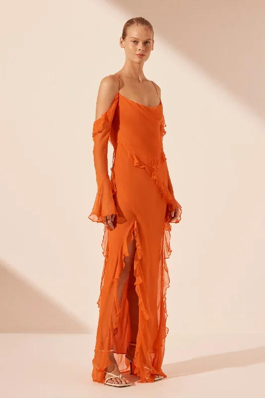 LAYLA LONG SLEEVE RUFFLE MAXI DRESS - FLAME ORANGE