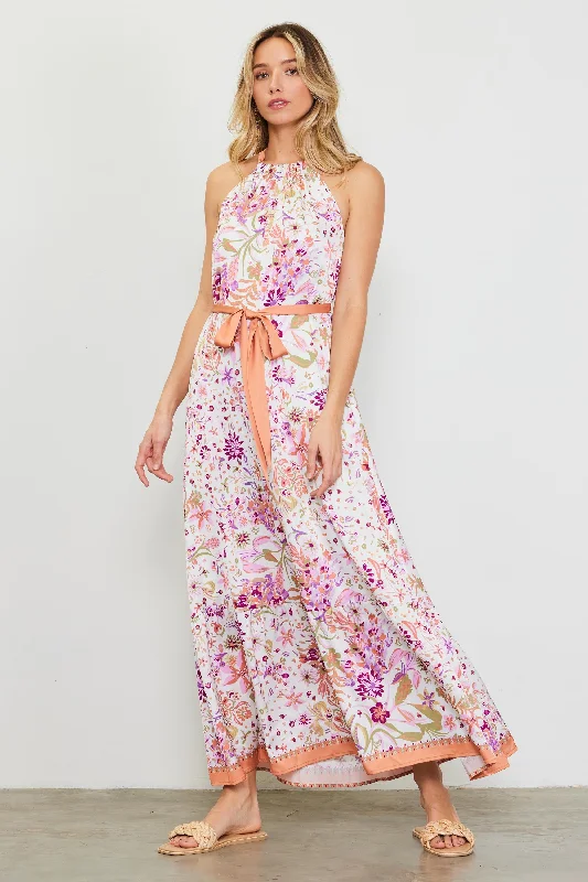 Magnolia Border Print Halter Neck Maxi Dress