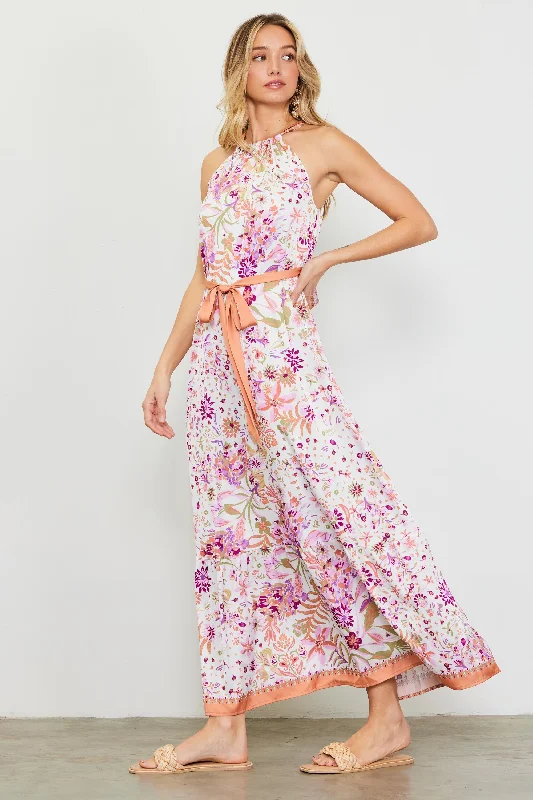 Magnolia Border Print Halter Neck Maxi Dress