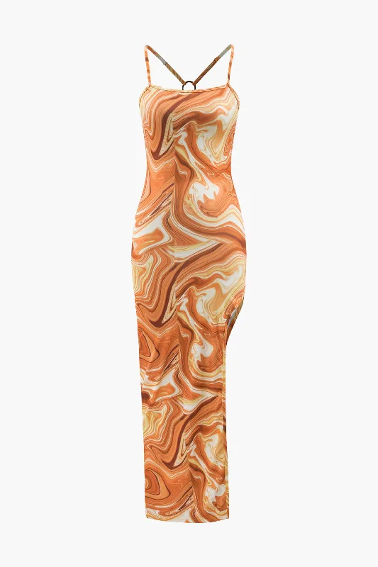 Abstract Print O-ring Slit Maxi Dress