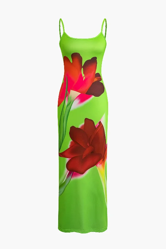 Floral Print Slit Slip Maxi Dress