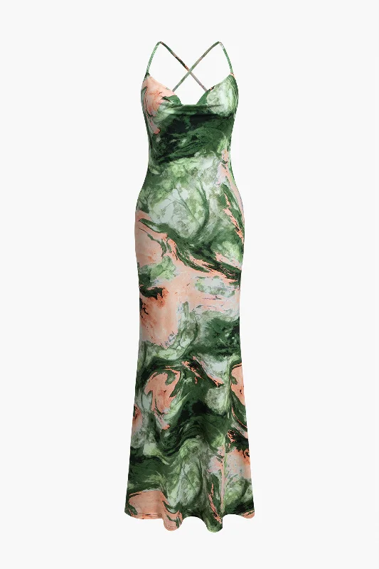 Abstract Print Crisscross Cowl Neck Backless Maxi Dress