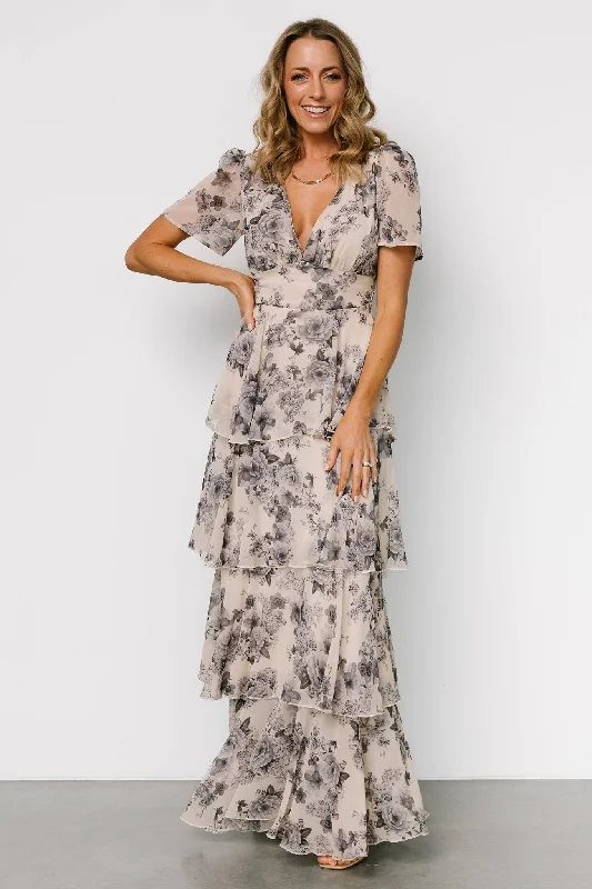 Montaigne Ruffle Maxi Dress | Beige + Slate Floral