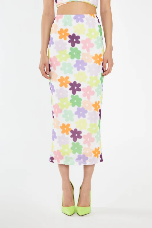 Multi-Flower Mesh Pencil Maxi-Skirt