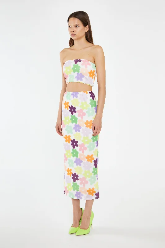 Multi-Flower Mesh Pencil Maxi-Skirt