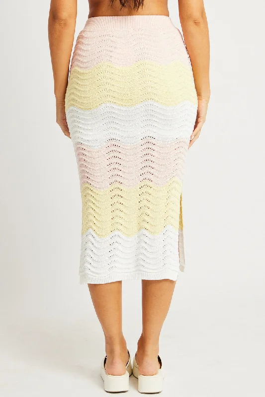 Multi Stripe Knit Skirt Midi Crochet