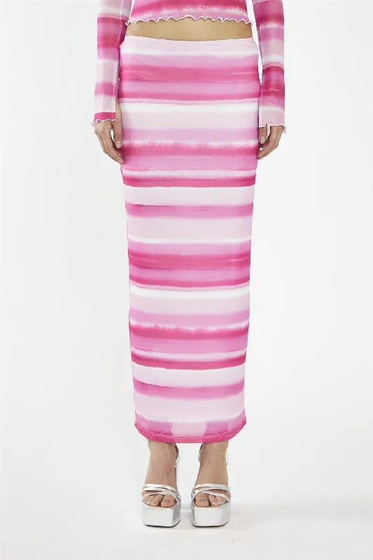 Pink Ombre-Stripe Mesh Bodycon Maxi-Skirt