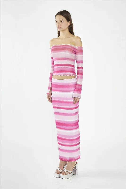 Pink Ombre-Stripe Mesh Bodycon Maxi-Skirt