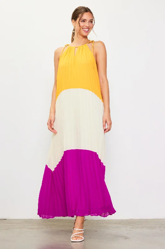 Pleated Color Block Maxi Dress