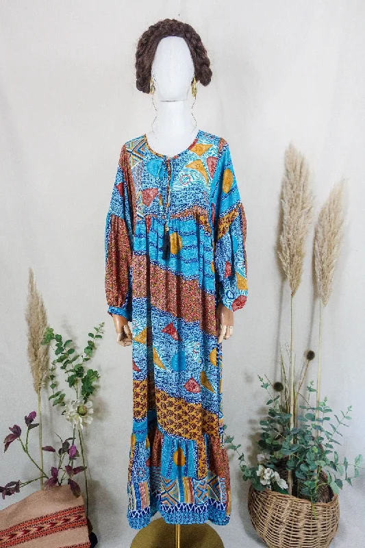 Poppy Smock Dress - Vintage Sari - Terracotta & Teal Patchwork - L