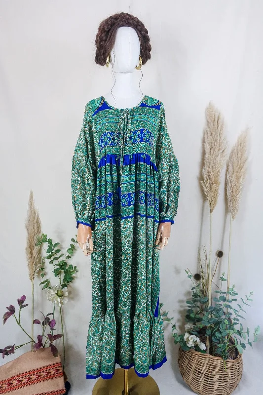 Poppy Smock Dress - Vintage Sari - Juniper & Azure Blue Jacquard