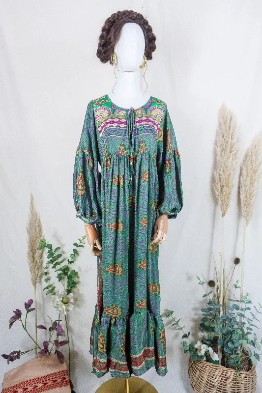 Poppy Smock Dress - Vintage Sari - Juniper Green & Plum Paisley - S/M