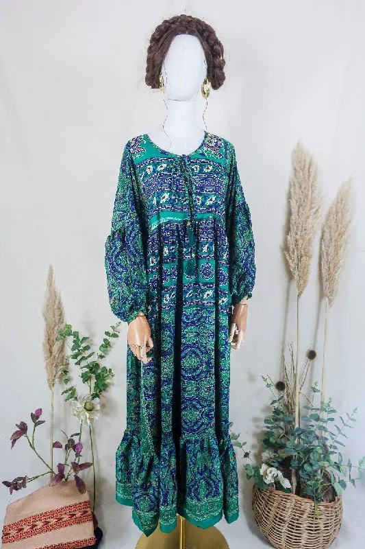 Poppy Smock Dress - Vintage Sari - Midnight Blue & Pine