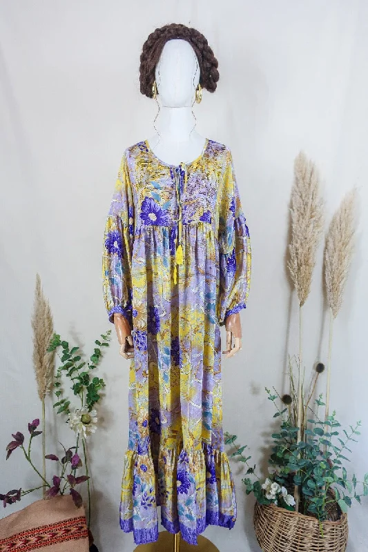 Poppy Smock Dress - Vintage Sari - Pansy Purple & Sun Bloom- M/L