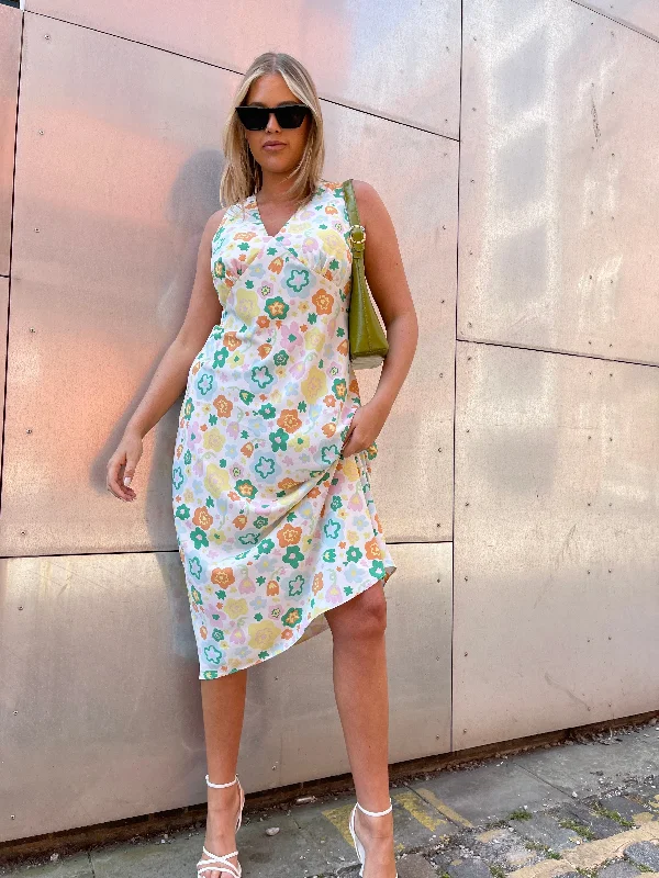 Retro Spring-Floral V-Neck Bias-Cut Maxi-Dress