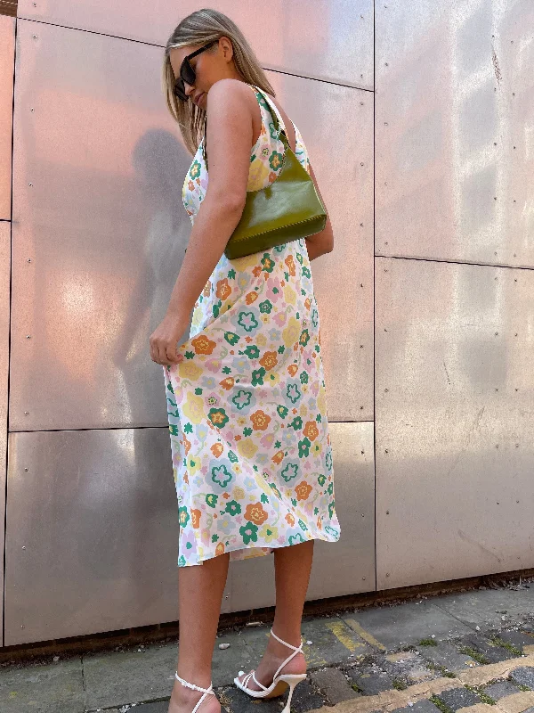 Retro Spring-Floral V-Neck Bias-Cut Maxi-Dress