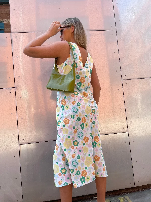 Retro Spring-Floral V-Neck Bias-Cut Maxi-Dress