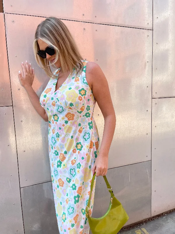 Retro Spring-Floral V-Neck Bias-Cut Maxi-Dress