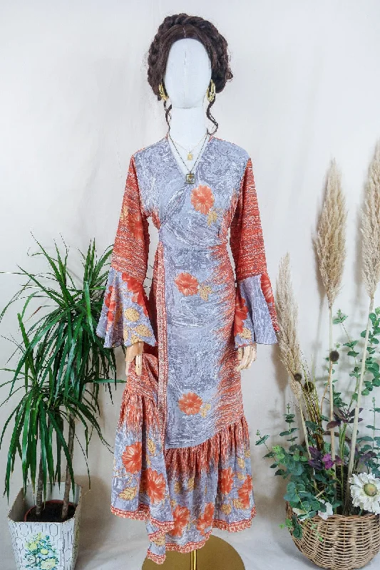 Sylvia Wrap Dress - Peach Marble Flora  - Vintage Sari - Size L/XL