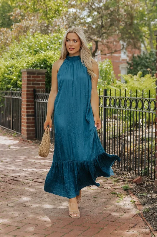 Teal Halter Satin Maxi Dress - FINAL SALE