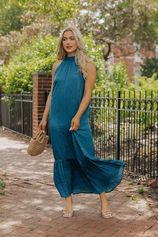 Teal Halter Satin Maxi Dress - FINAL SALE