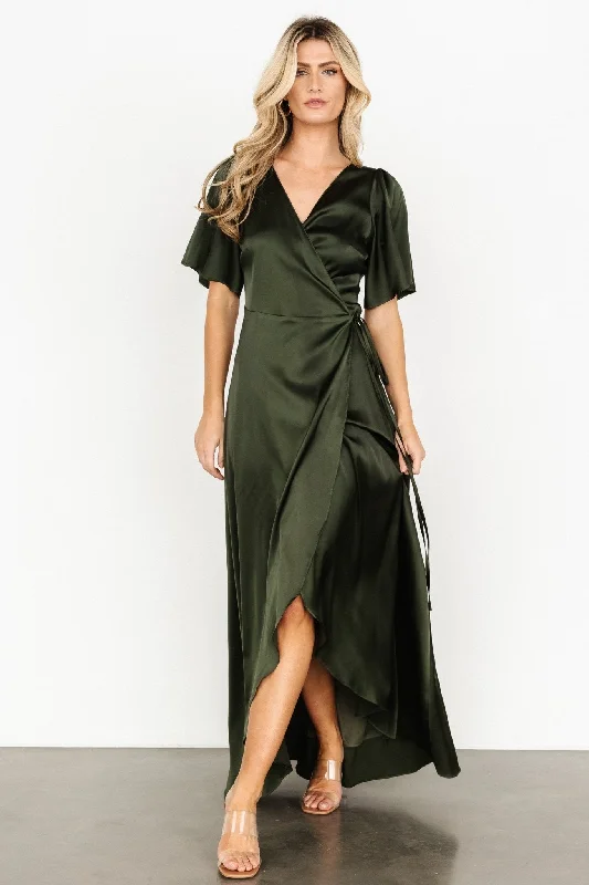 Vara Satin Maxi Wrap Dress | Dark Olive