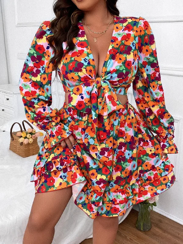 Plus All Over Floral Print Flounce Sleeve Knot Front Crop Top Ruffle Hem Skirt