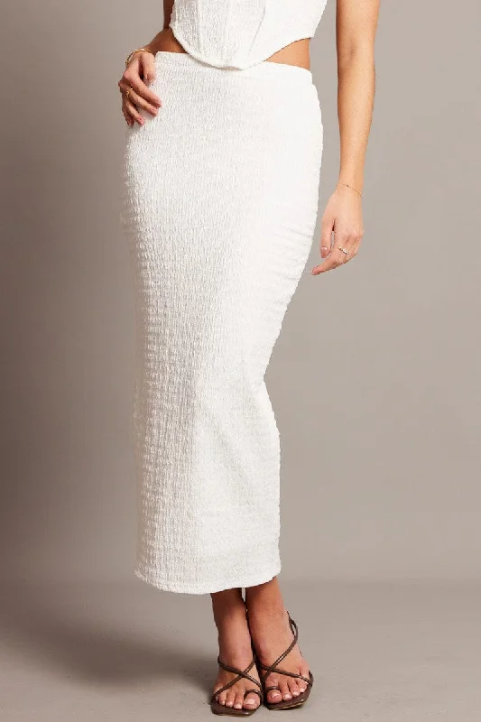 White Midi Skirt High Rise Textured Jersey