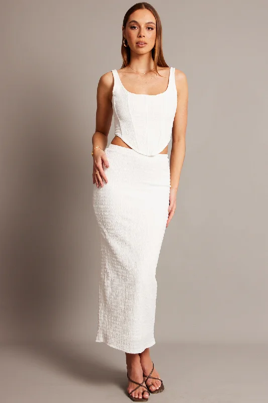 White Midi Skirt High Rise Textured Jersey